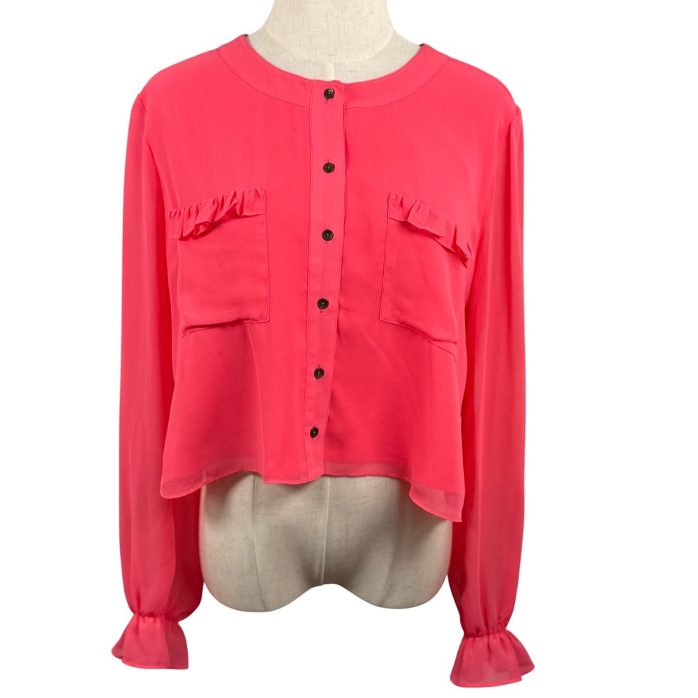 Guess Women S Blouse Neon Pink‎ Ruffle Crop Button Down Chiffon Barbiecore Y2K